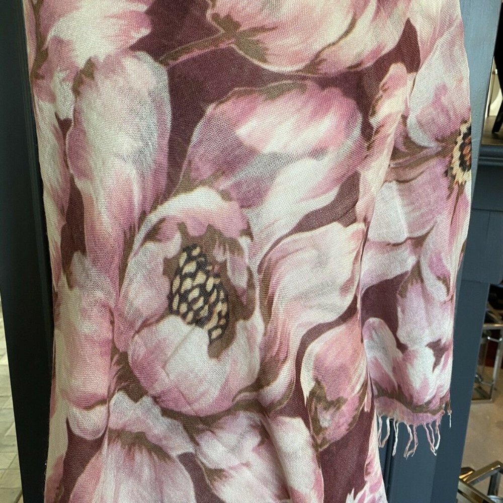 New Authentic Chan Luu Peony Floral Print Cashmere Silk Scarf  Color: Tawny Port - Picture 3 of 7